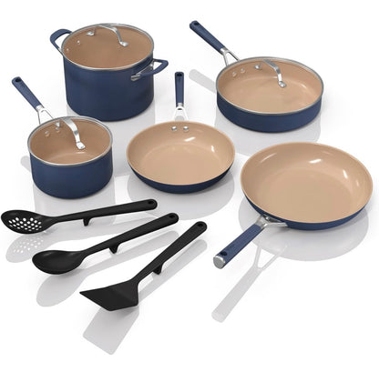 Ninja Keramiek-kookware-stel, Verlengde Lewe 11-stuk Kombuiskookware-stelle met Gemaklike Greep, Kleefvrye Braaipanne, Potte, PTFE-vry, Oond- en Skottelgoedwasser Veilig, Stoofplaat Versoenbaar, Vlootblou, CW49011