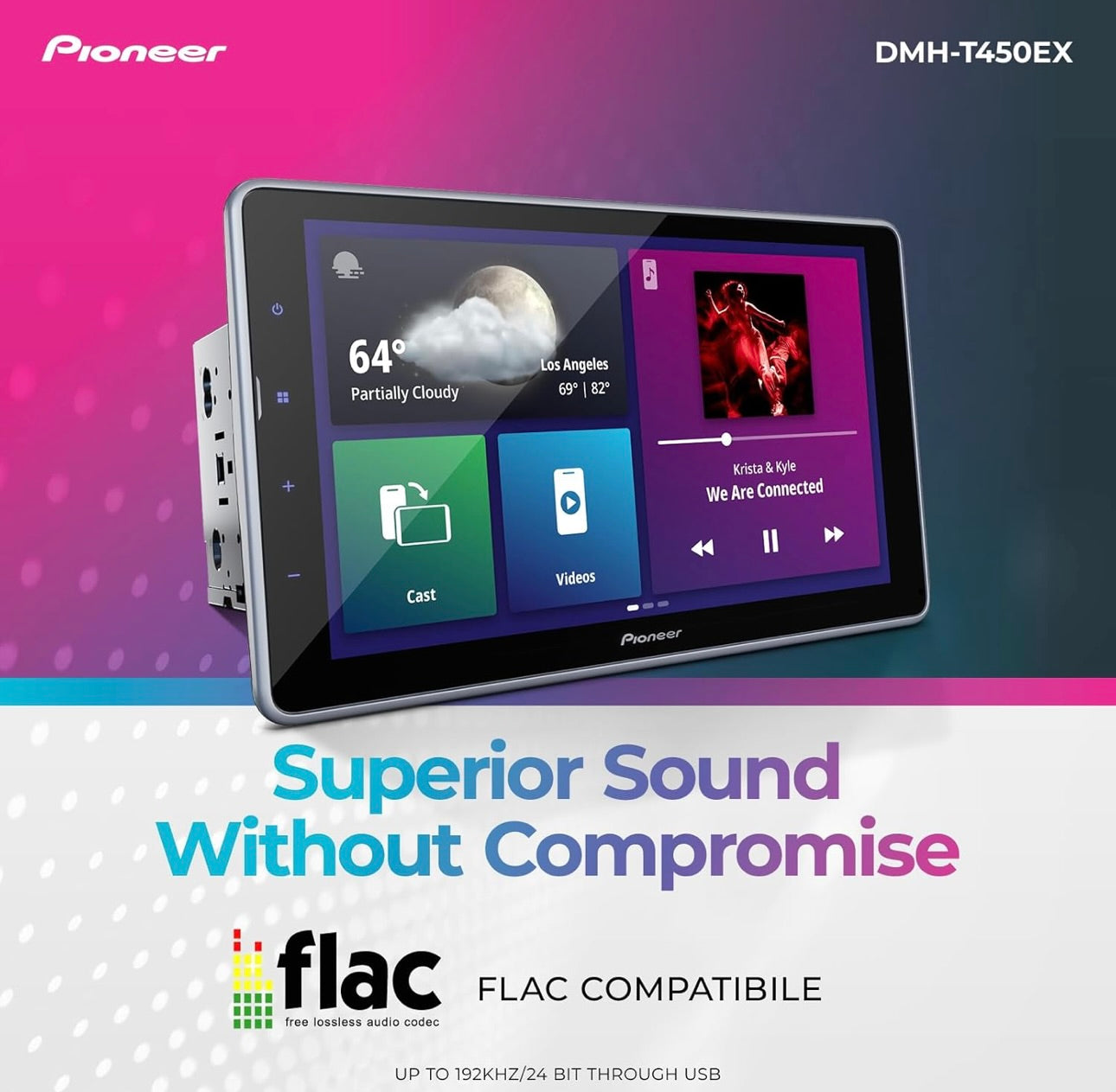 Pioneer DMH-T450EX Digitale Multimedialontvanger met Weblink, 9” Kapasitiewe Raakskerm, Dubbel-DIN, Ingeboude Bluetooth, Amazon Alexa via Toepassing, Terugskamera-versoenbaarheid