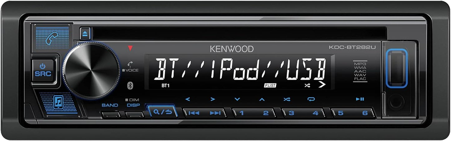 KENWOOD KDC-BT282U CD-motorradio - Enkel-Din, Bluetooth-oudio, USB MP3, FLAC, Aux-ingang, AM FM-radio, Afneembare paneel met wit 13-syfer-LCD-skerm en blou knoppie-verligting