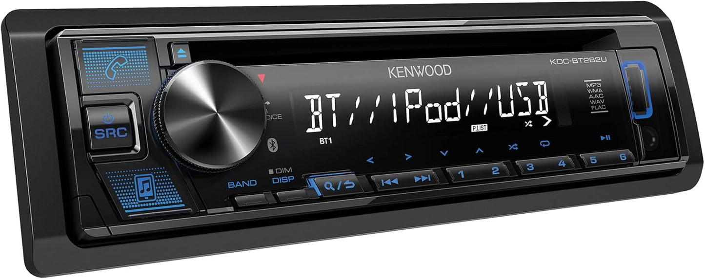 KENWOOD KDC-BT282U CD-motorradio - Enkel-Din, Bluetooth-oudio, USB MP3, FLAC, Aux-ingang, AM FM-radio, Afneembare paneel met wit 13-syfer-LCD-skerm en blou knoppie-verligting