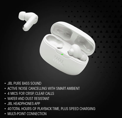 JBL Vibe Beam 2 - Ware Draadlose Geraasblokkerende Oorfone Suiwer Bass Klank & Slim Omgewingstegnologie, 4 mikrofone vir Helder Oproepe, tot 40 uur speeltyd, IP54 Stof- en Waterbestand (Swart)