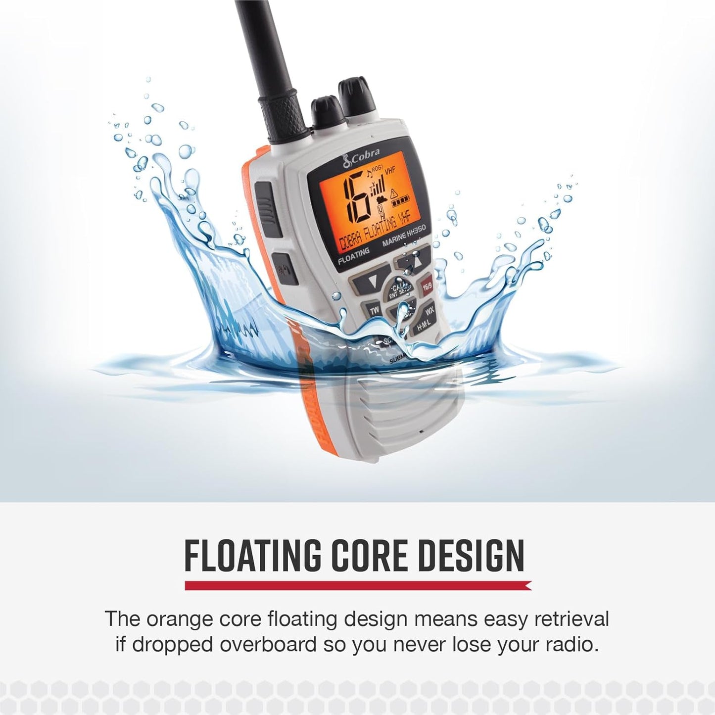 Cobra MR HH350 FLT Handheld Sweef VHF Radio - 6 Watt, Onderdompelbaar, Geraasdempende Mikrofoon, Agterbeligte LCD Skerm, NOAA Weer, en Geheue Skandering, Wit