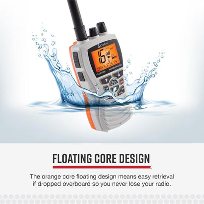 Cobra MR HH350 FLT Handheld Sweef VHF Radio - 6 Watt, Onderdompelbaar, Geraasdempende Mikrofoon, Agterbeligte LCD Skerm, NOAA Weer, en Geheue Skandering, Wit