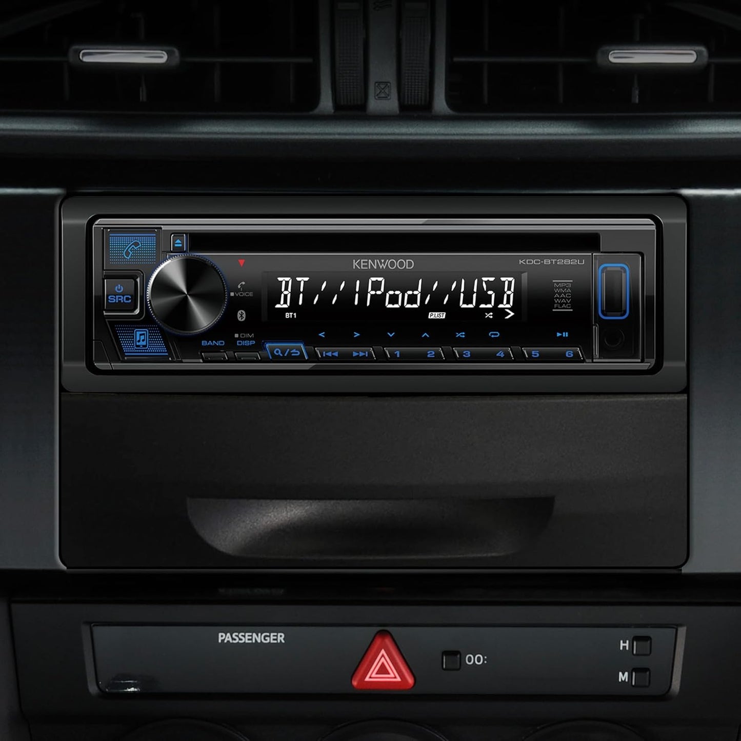KENWOOD KDC-BT282U CD-motorradio - Enkel-Din, Bluetooth-oudio, USB MP3, FLAC, Aux-ingang, AM FM-radio, Afneembare paneel met wit 13-syfer-LCD-skerm en blou knoppie-verligting