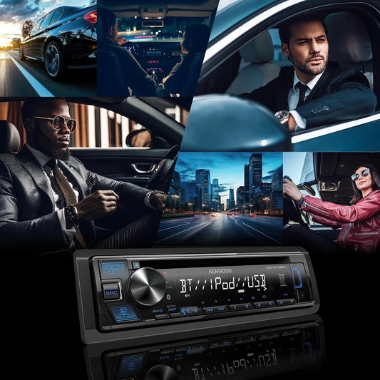 KENWOOD KDC-BT282U CD-motorradio - Enkel-Din, Bluetooth-oudio, USB MP3, FLAC, Aux-ingang, AM FM-radio, Afneembare paneel met wit 13-syfer-LCD-skerm en blou knoppie-verligting