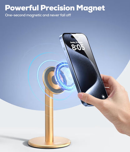 Magnetiese Telefoonstaander Volledig Aluminium, 360° Draaibaar vir Lessenaar met Metaalring, Verstelbare Houer met MagSafe-tas - Goud