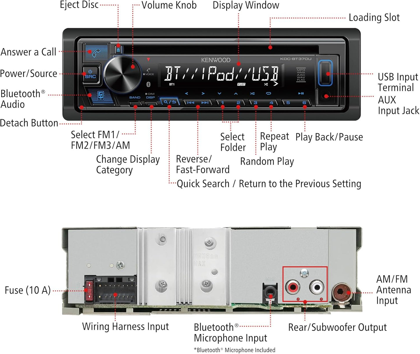KENWOOD KDC-BT370U CD-motorstereo met Bluetooth, AM/FM-radio, USB aan die voorkant met hoë krag, ingeboude Alexa