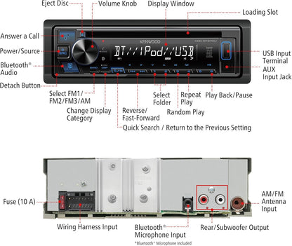 KENWOOD KDC-BT370U CD-motorstereo met Bluetooth, AM/FM-radio, USB aan die voorkant met hoë krag, ingeboude Alexa