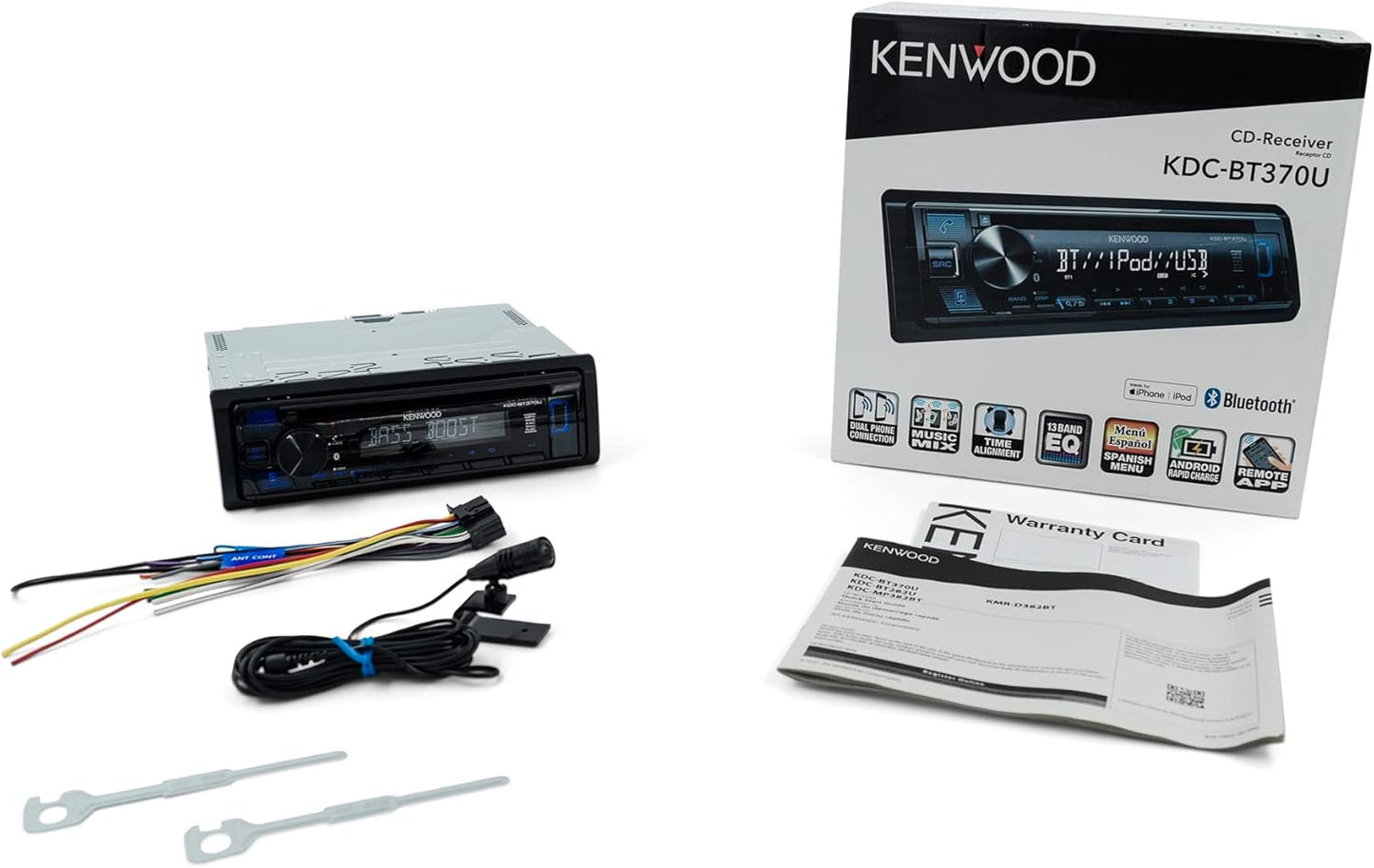 KENWOOD KDC-BT370U CD-motorstereo met Bluetooth, AM/FM-radio, USB aan die voorkant met hoë krag, ingeboude Alexa