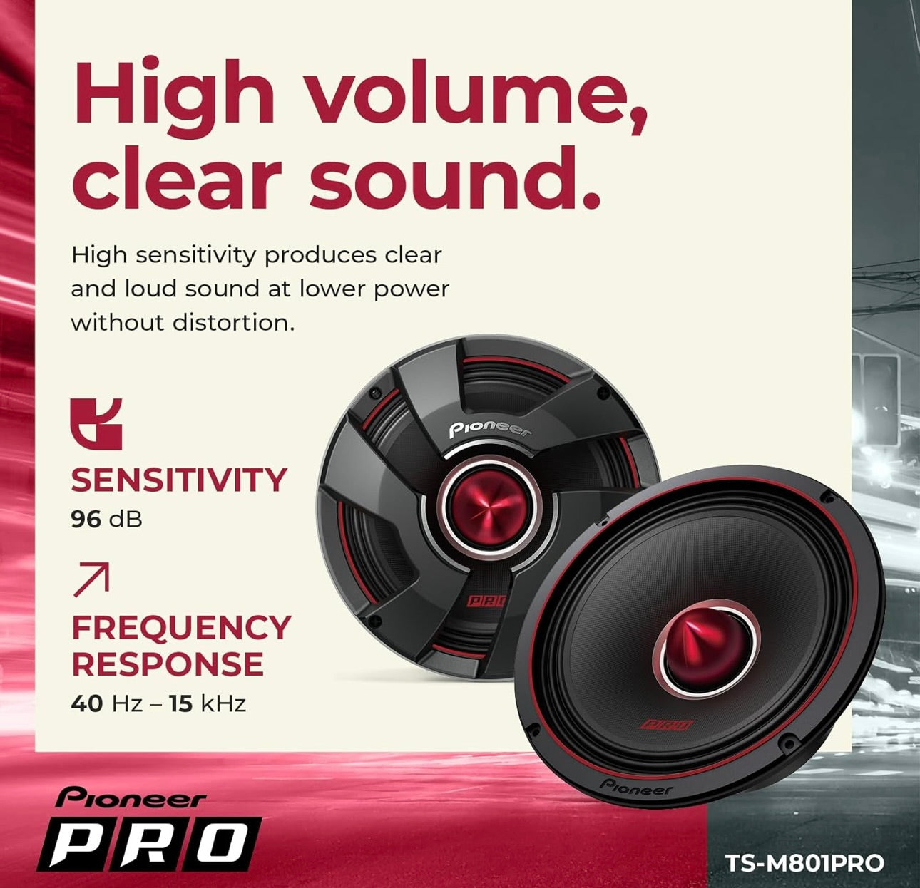 Pioneer TS-M801PRO, Motorvoertuigoudioluidsprekers, Volreeks, Helder Klankgehalte, Maklike Installasie en Verbeterde Basrespons, 8”-luidsprekers