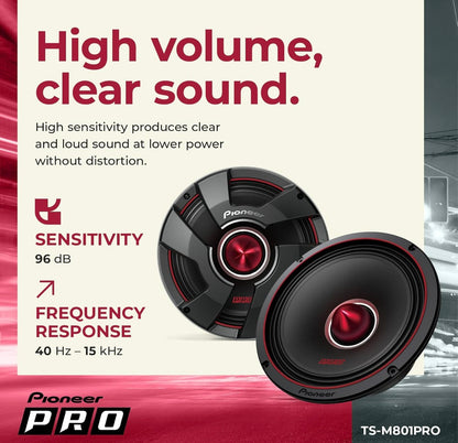 Pioneer TS-M801PRO, Motorvoertuigoudioluidsprekers, Volreeks, Helder Klankgehalte, Maklike Installasie en Verbeterde Basrespons, 8”-luidsprekers