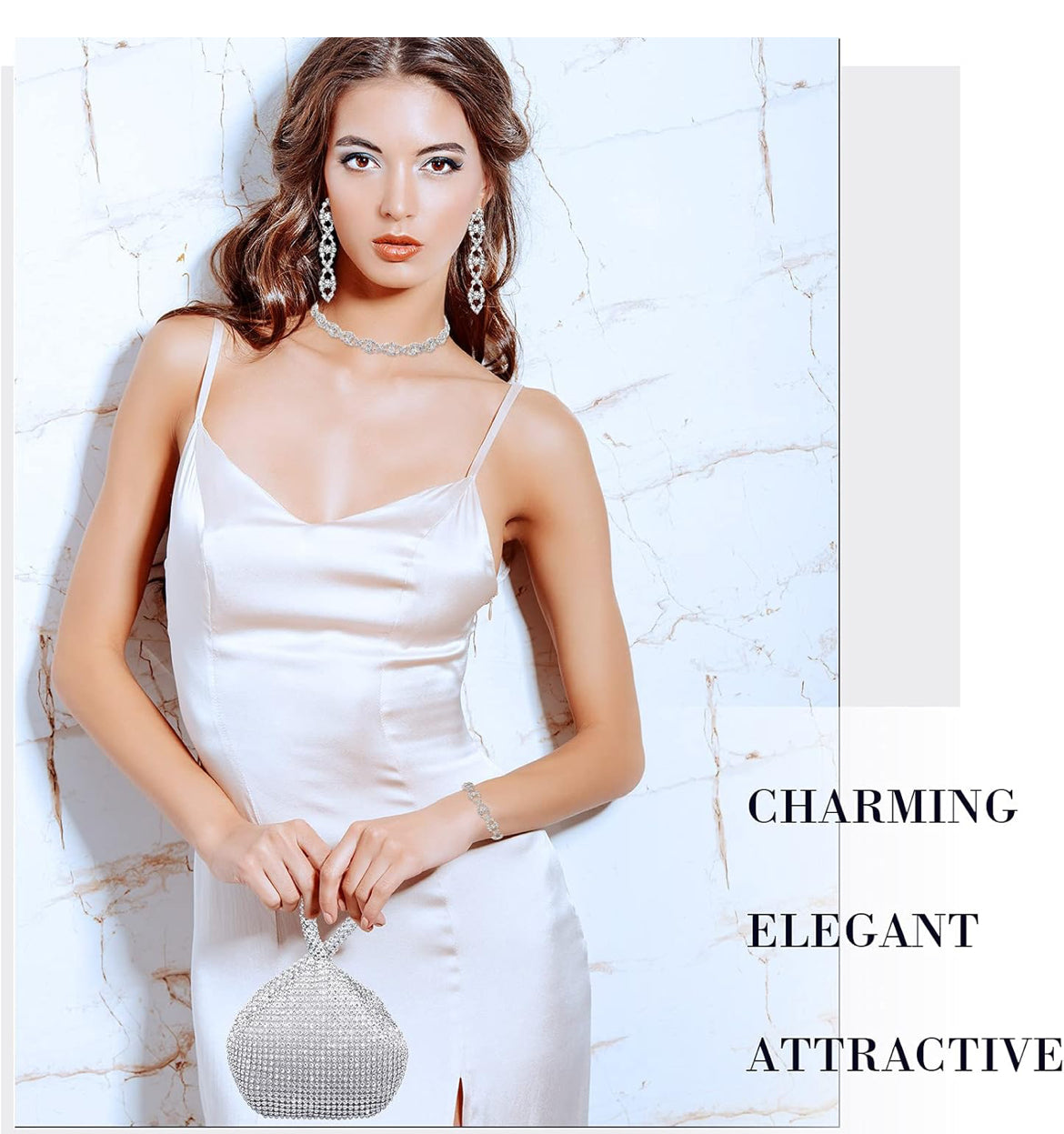 Elegante 4-stuk Rhinestone-ketting, Kraagarmband, Oorbelle, Koppelsakkie Juwelierswarestel Vroue Kristal Driehoek Bling Diamant Handsak Rhinestone-handsak vir Troupartytjie