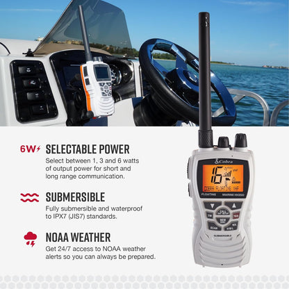 Cobra MR HH350 FLT Handheld Sweef VHF Radio - 6 Watt, Onderdompelbaar, Geraasdempende Mikrofoon, Agterbeligte LCD Skerm, NOAA Weer, en Geheue Skandering, Wit