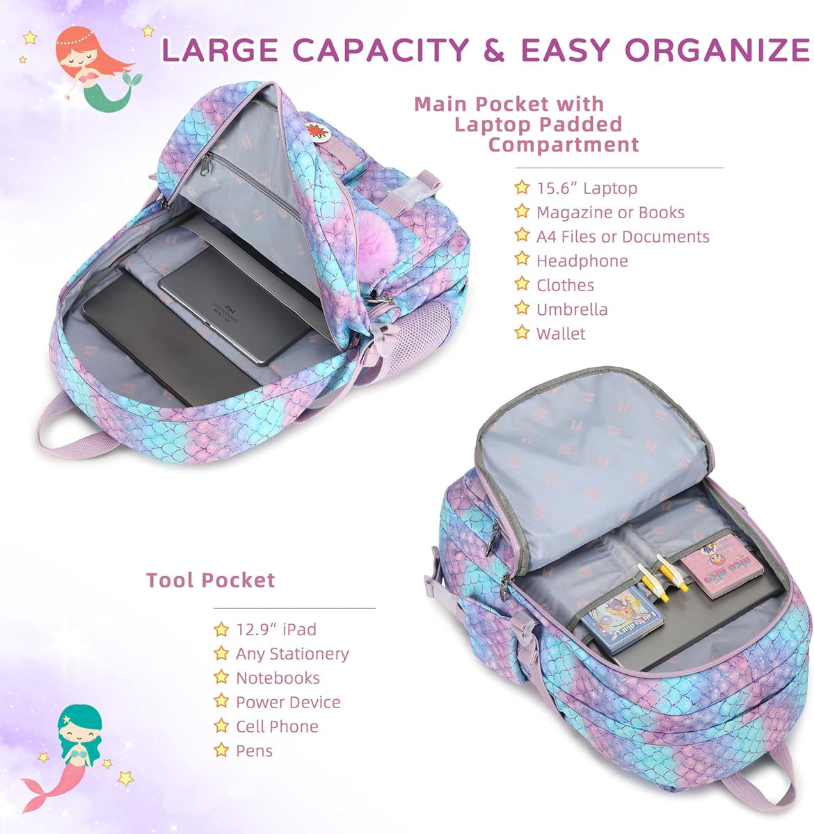 Girls Backpack,15.6 Inch Laptop School Bag Large Primary Elementary Middle College Bookbags Kids Backpacks for Teens Girl Women Students Anti Theft Travel Daypack (Purple)