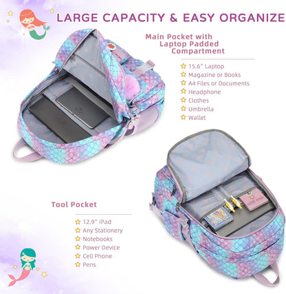 Girls Backpack,15.6 Inch Laptop School Bag Large Primary Elementary Middle College Bookbags Kids Backpacks for Teens Girl Women Students Anti Theft Travel Daypack (Purple)