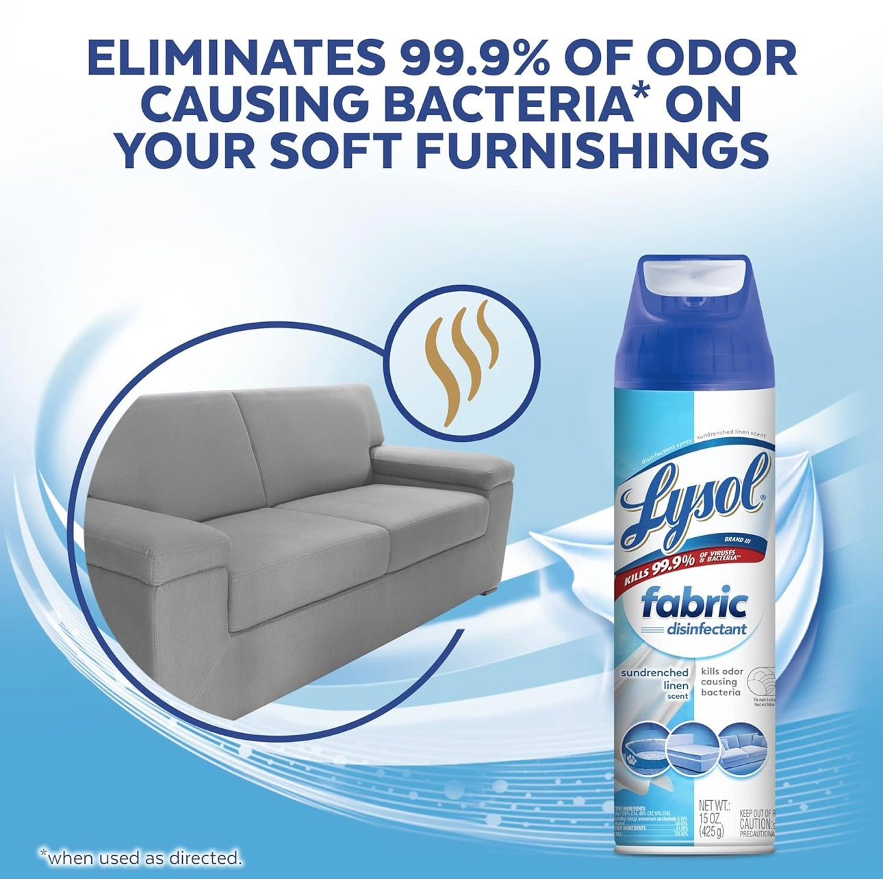 Lysol Stofontsmettingsmiddel Spuit, Saniterende en Antibakteriese Spuit, Vir Ontsmetting en Ontgeuring van Sagte Meubels, Sondoorstoofde Linne 15 FL. Oz (Pak van 3)