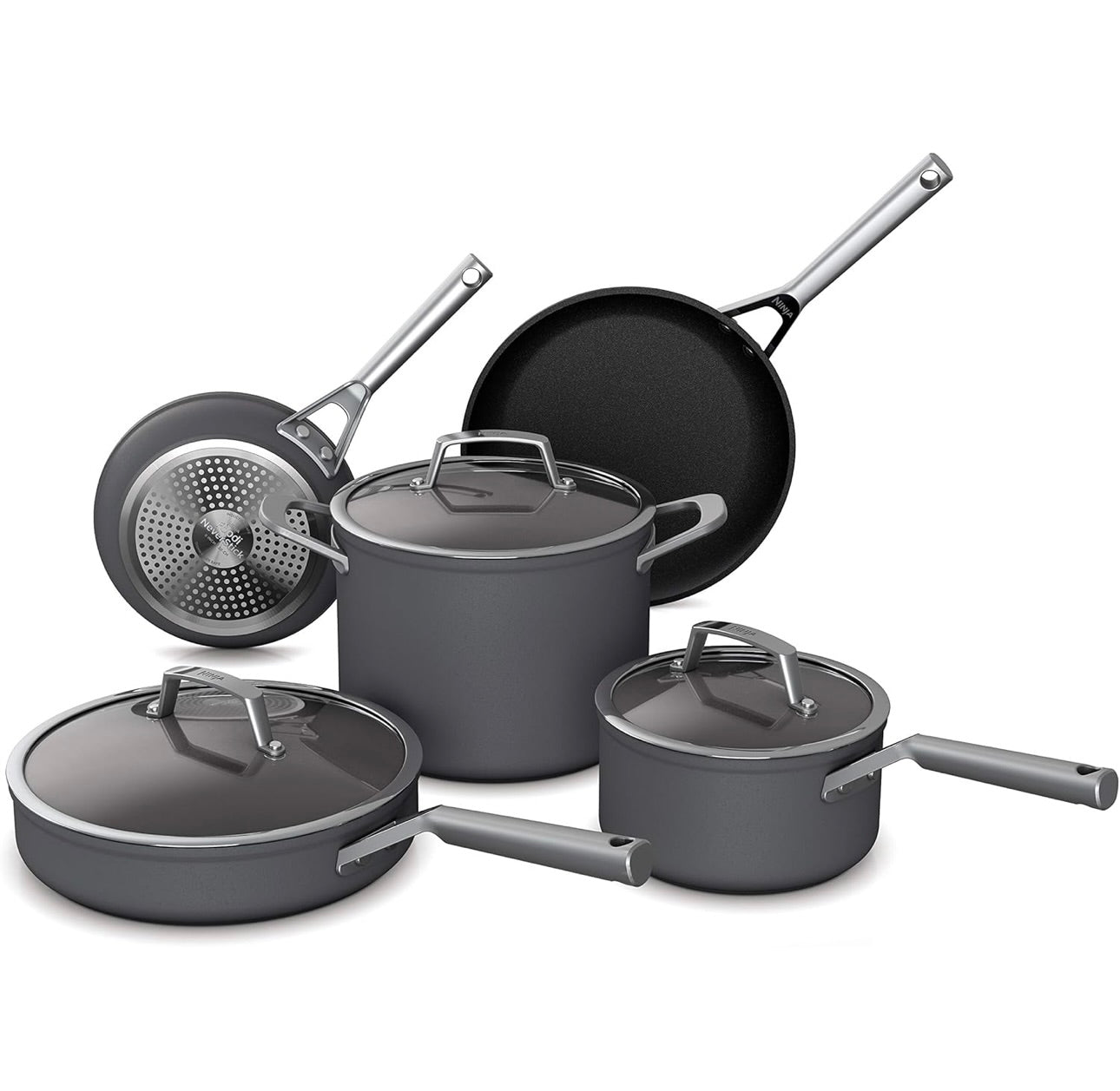 Ninja C38000 Foodi NeverStick Premium 8-stuk Kookgerei-stel met Glasdeksels, Hard-geanodiseer, Kleefvry, Duursaam en Oondveilig tot 260°C, Leigrys