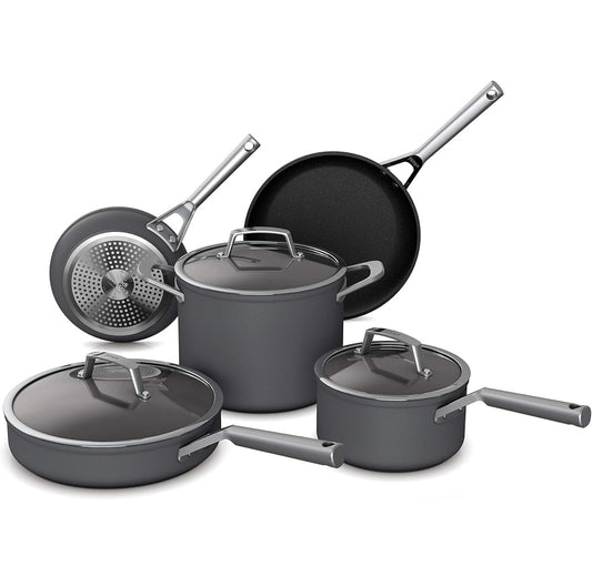Ninja C38000 Foodi NeverStick Premium 8-stuk Kookgerei-stel met Glasdeksels, Hard-geanodiseer, Kleefvry, Duursaam en Oondveilig tot 260°C, Leigrys