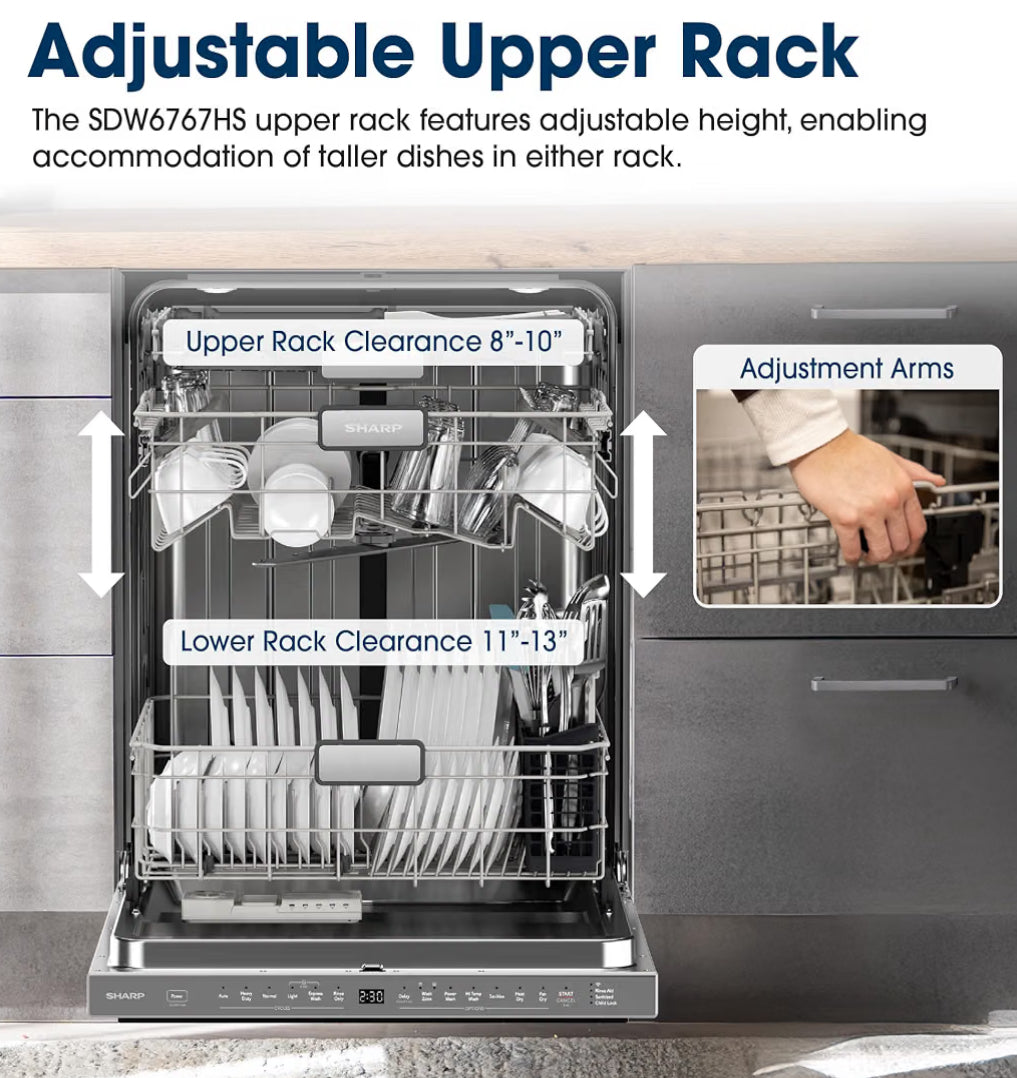 SHARP SDW6767HS Smart Dishwasher Works with Alexa. Includes LED Interior lights, Stainless Steel interior, Heated Dry with Fan Assist, Wash Zone cleans half load on either rack, Adjustable Third Rack