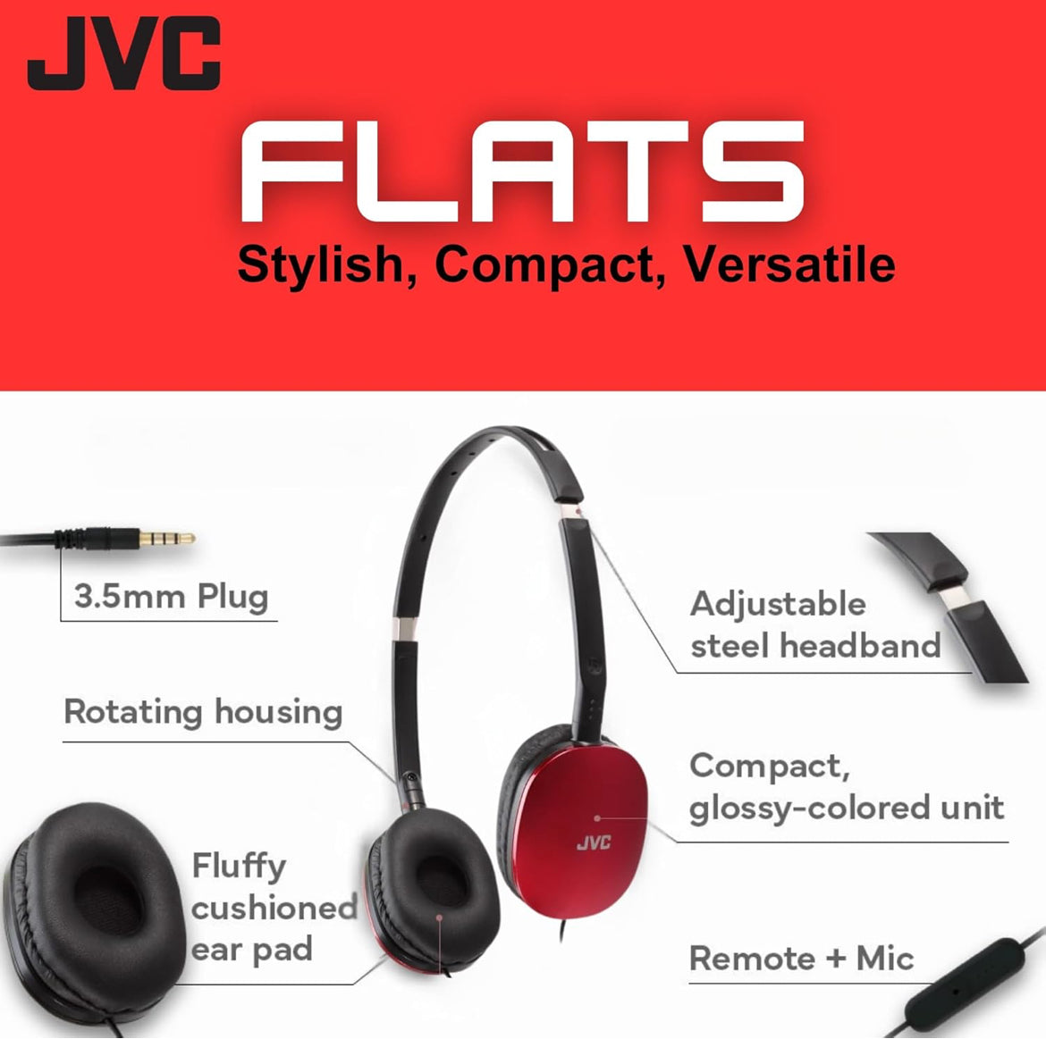 JVC Flats Oorfoon-koptelefoon - Plat opvoubare ontwerp - 30mm-drywer vir kragtige klank - Sagte oorkussings vir gemak - Staalhoofband - Liggewig en draagbaar - 3.5mm slanke prop - HAS160M