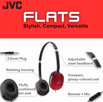 JVC Flats Oorfoon-koptelefoon - Plat opvoubare ontwerp - 30mm-drywer vir kragtige klank - Sagte oorkussings vir gemak - Staalhoofband - Liggewig en draagbaar - 3.5mm slanke prop - HAS160M