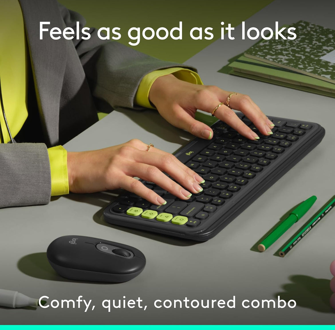 Logitech POP ICON Combo, Bluetooth-sleutelbord-en-muiskombo, Gemaklike Tik, programmeerbare Sleutels en Knoppies, Stil kliek, Maklike Wissel na tot 3 Toestelle – Grafiet en Lemmetjie