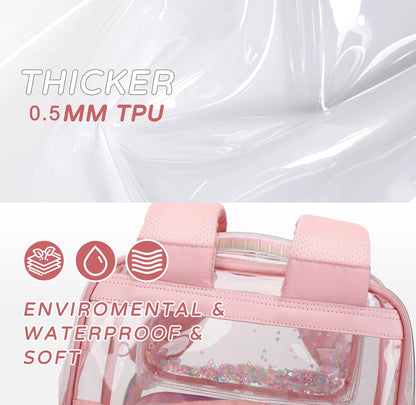 Clear Backpack for Girls Women Transparent Kids Elementary College School Bag Travel Laptop Backpacks Large Bookbags (Pink)