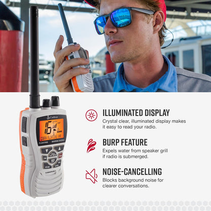 Cobra MR HH350 FLT Handheld Sweef VHF Radio - 6 Watt, Onderdompelbaar, Geraasdempende Mikrofoon, Agterbeligte LCD Skerm, NOAA Weer, en Geheue Skandering, Wit