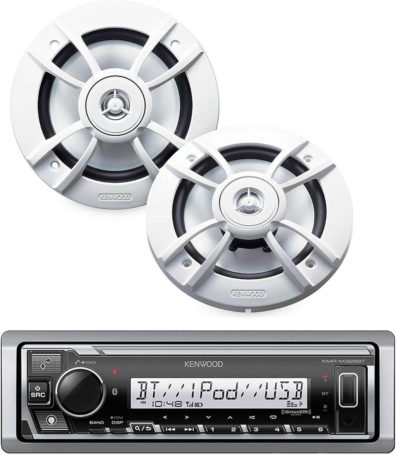 KENWOOD KMR-D382BT Car & Marine Stereo - Single Din, Bluetooth SiriusXM Ready, Weatherproof (Package W/ Speakers)
