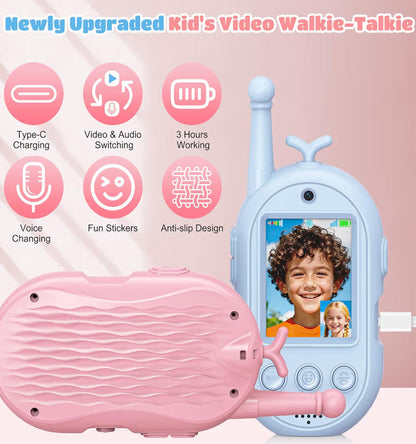 Walkie Talkies vir Kinders Herlaaibaar Langafstand 2-rigtingradio's vir Buitelugavontuur - (Pienk Blou Ontwerp)