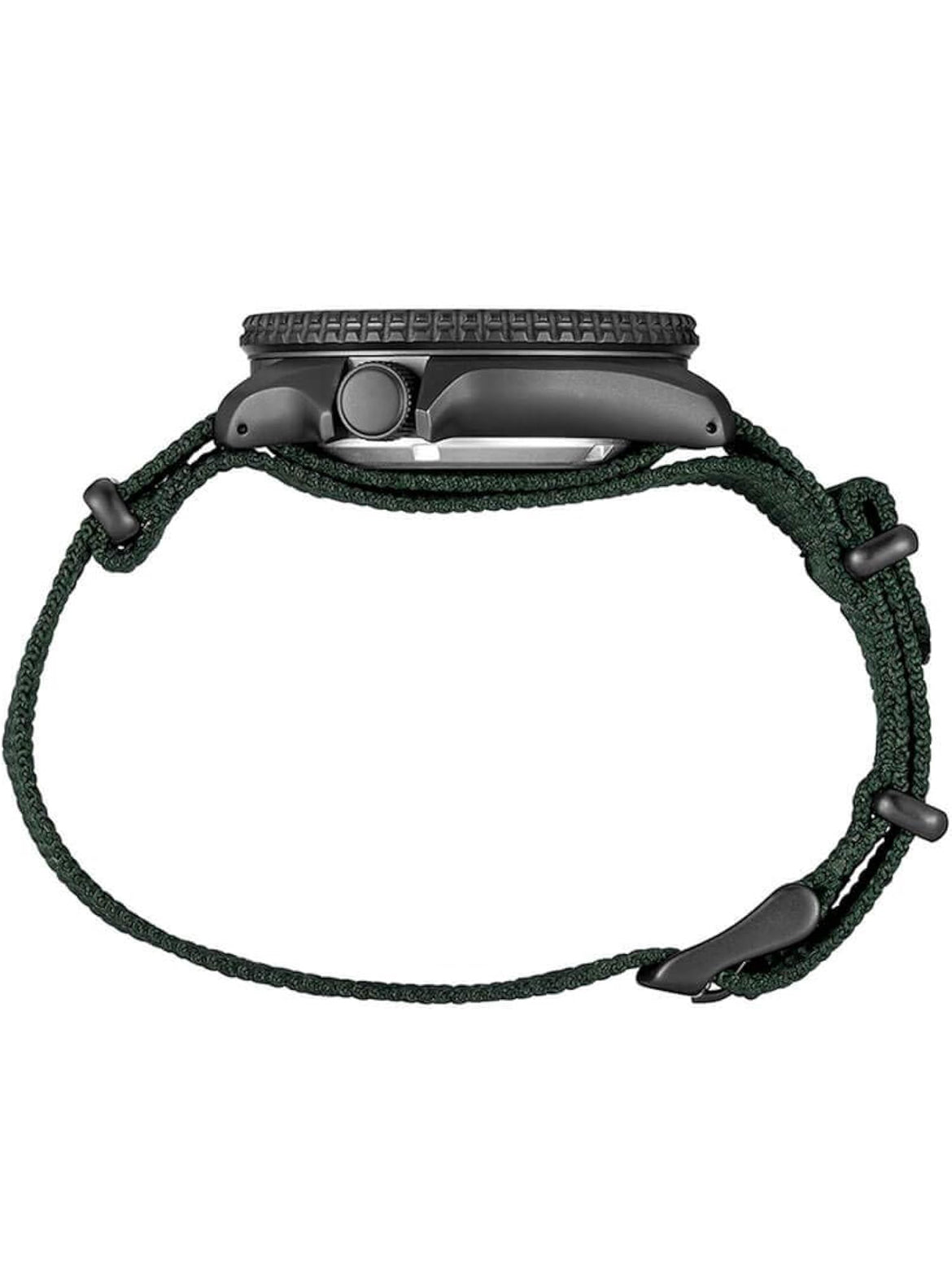 SEIKO SRPD91 Horlosie vir Mans - 5 Sports - Outomaties met Handopwenbeweging, Swart Skakelaar met Swart Ring, Swart Ioon Vlekvrye Staal Kas, Groen Nylon Band, en Dag/Datum Vertoning