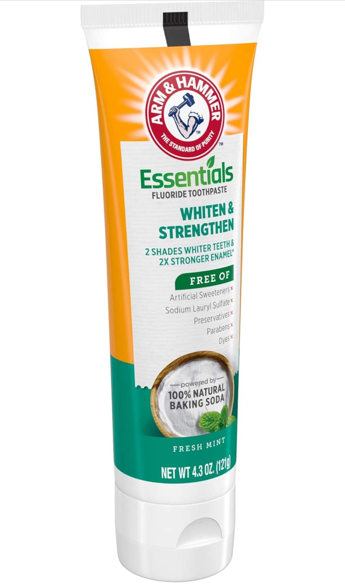 ARM & HAMMER Essentials Whiten & Strengthen Fluoride Toothpaste - Pack of 4 (4.3oz Tubes) - Fresh Mint