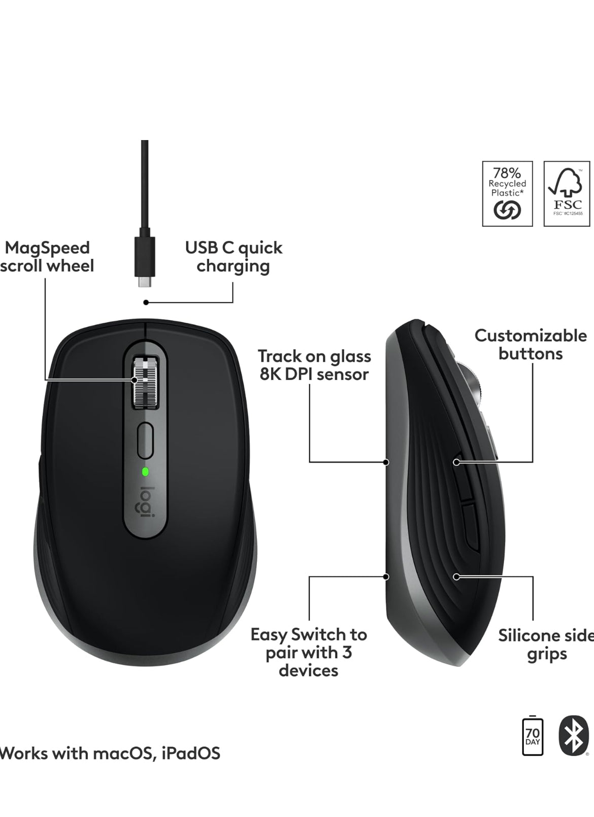 Logitech MX Anywhere 3S vir Mac, Kompakte Draadlose Bluetooth-muis, 8K DPI-spoorsny op Enige Oppervlak, Stil Klieke, USB C, Draadlose Muis vir MacBook Pro, MacBook Air, iMac, iPad - Ruimtegrys