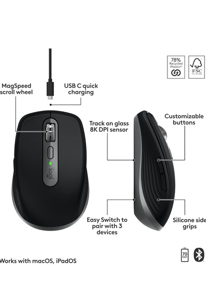 Logitech MX Anywhere 3S vir Mac, Kompakte Draadlose Bluetooth-muis, 8K DPI-spoorsny op Enige Oppervlak, Stil Klieke, USB C, Draadlose Muis vir MacBook Pro, MacBook Air, iMac, iPad - Ruimtegrys