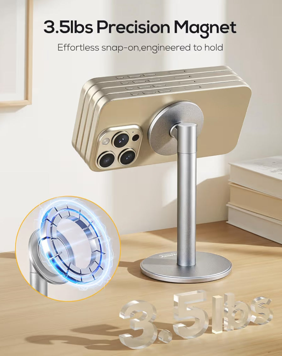 Magnetic Fully Aluminum Phone Stand, 360 Rotating for Desk w/ Metal Ring, Adjustable Holder with MagSafe Case - Silver