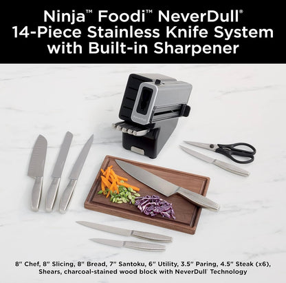 Ninja K62014 Foodi NeverDull Premium 14-Stuk Duitse Vlekvrye Staal Messtelsel met Ingeboude Skerpmaker, Vlekvrye Staal/Swart