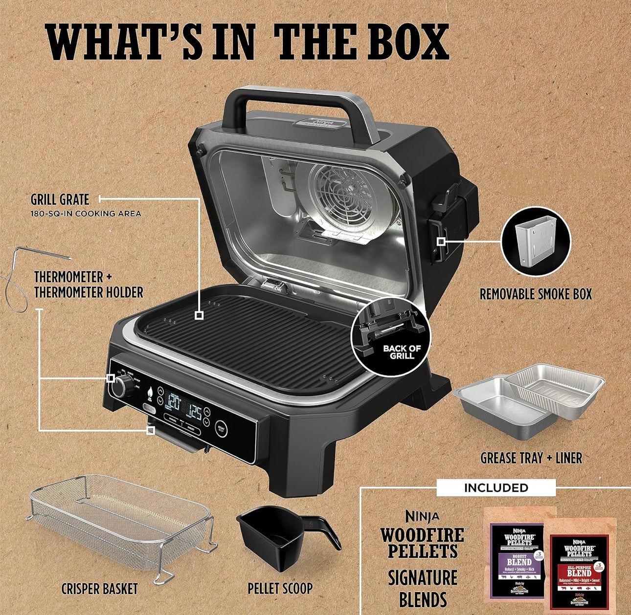 Ninja, Woodfire Pro XL Buitebraaier & Roker, Termometer, 4-in-1 Meesterbraaier, BBQ Roker, Buite Lugbraaier, Bak, Draagbaar, Elektriese Braaier - Donkergrys
