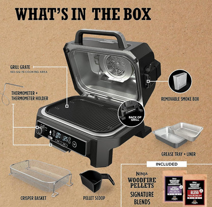 Ninja, Woodfire Pro XL Buitebraaier & Roker, Termometer, 4-in-1 Meesterbraaier, BBQ Roker, Buite Lugbraaier, Bak, Draagbaar, Elektriese Braaier - Donkergrys