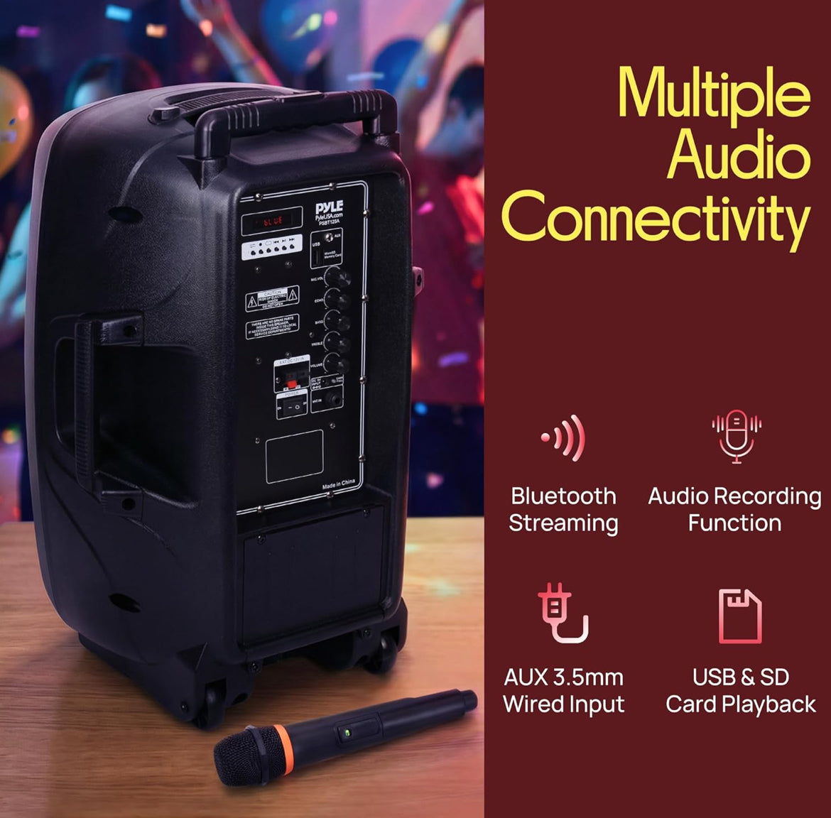 Portable Bluetooth PA Speaker - 12’’ 1200W Subwoofer, LED Battery Indicator Lights W/Built-In Rechargeable Battery, MP3/USB/SD Card Reader, and UHF Wireless Microphone