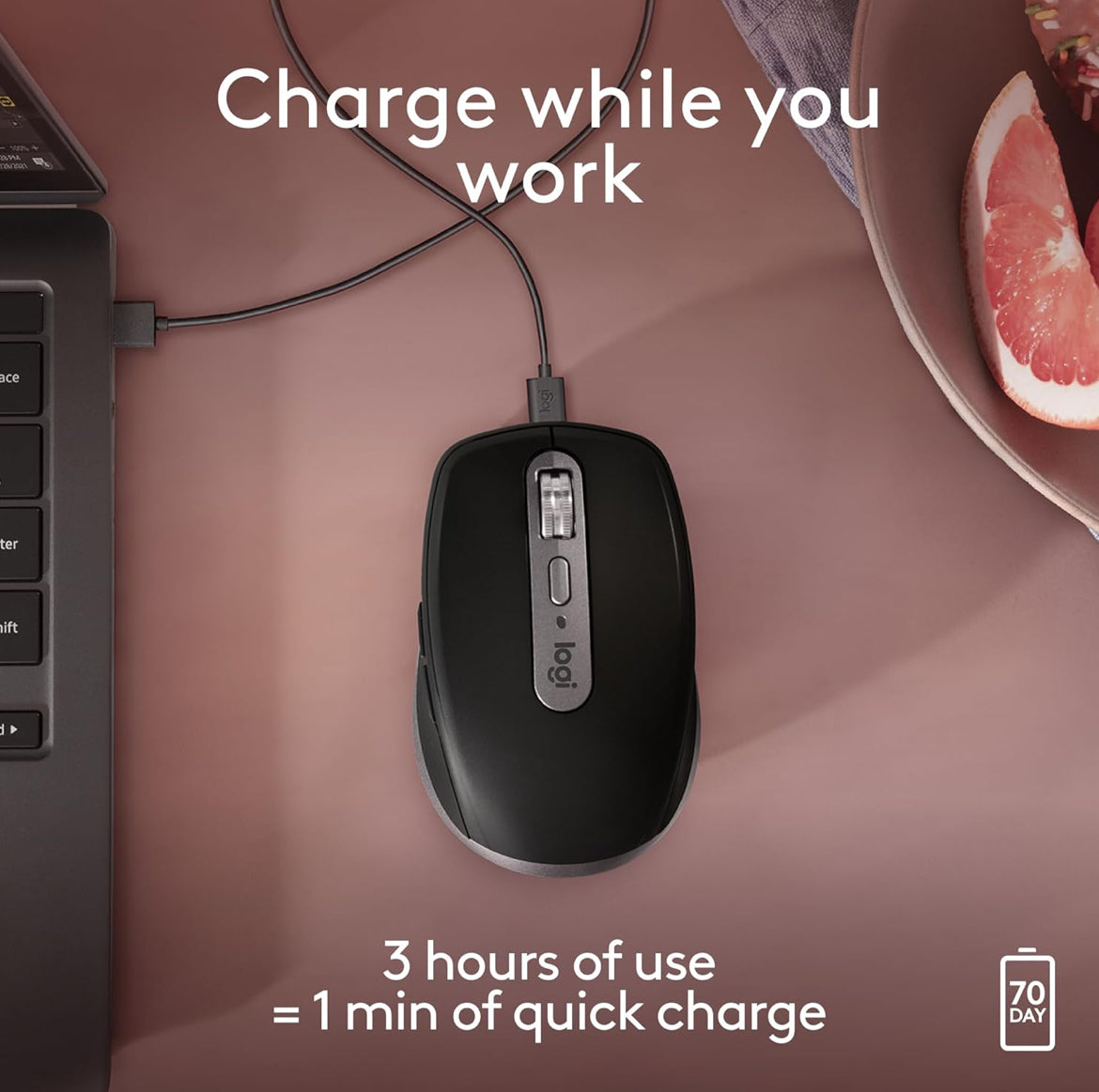 Logitech MX Anywhere 3S vir Mac, Kompakte Draadlose Bluetooth-muis, 8K DPI-spoorsnyer vir enige oppervlak, Stil Klikke, USB C, Draadlose muis vir MacBook Pro, MacBook Air, iMac, iPad - Ruimtegrys