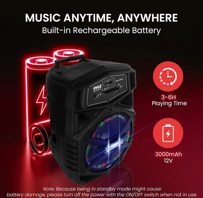 Portable Bluetooth Speaker System 12" 1000W w/ LED Lights, USB/Micro SD/FM/BT/Aux/Remote Control/Mic & Guitar Inputs, Built-in Rechargeable Battery w/ Wheels & Handle Bar