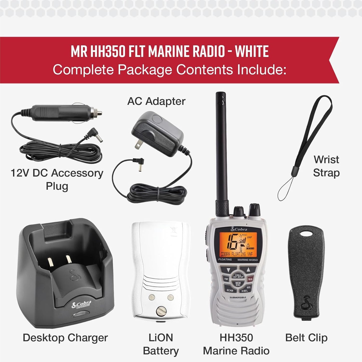 Cobra MR HH350 FLT Handheld Sweef VHF Radio - 6 Watt, Onderdompelbaar, Geraasdempende Mikrofoon, Agterbeligte LCD Skerm, NOAA Weer, en Geheue Skandering, Wit