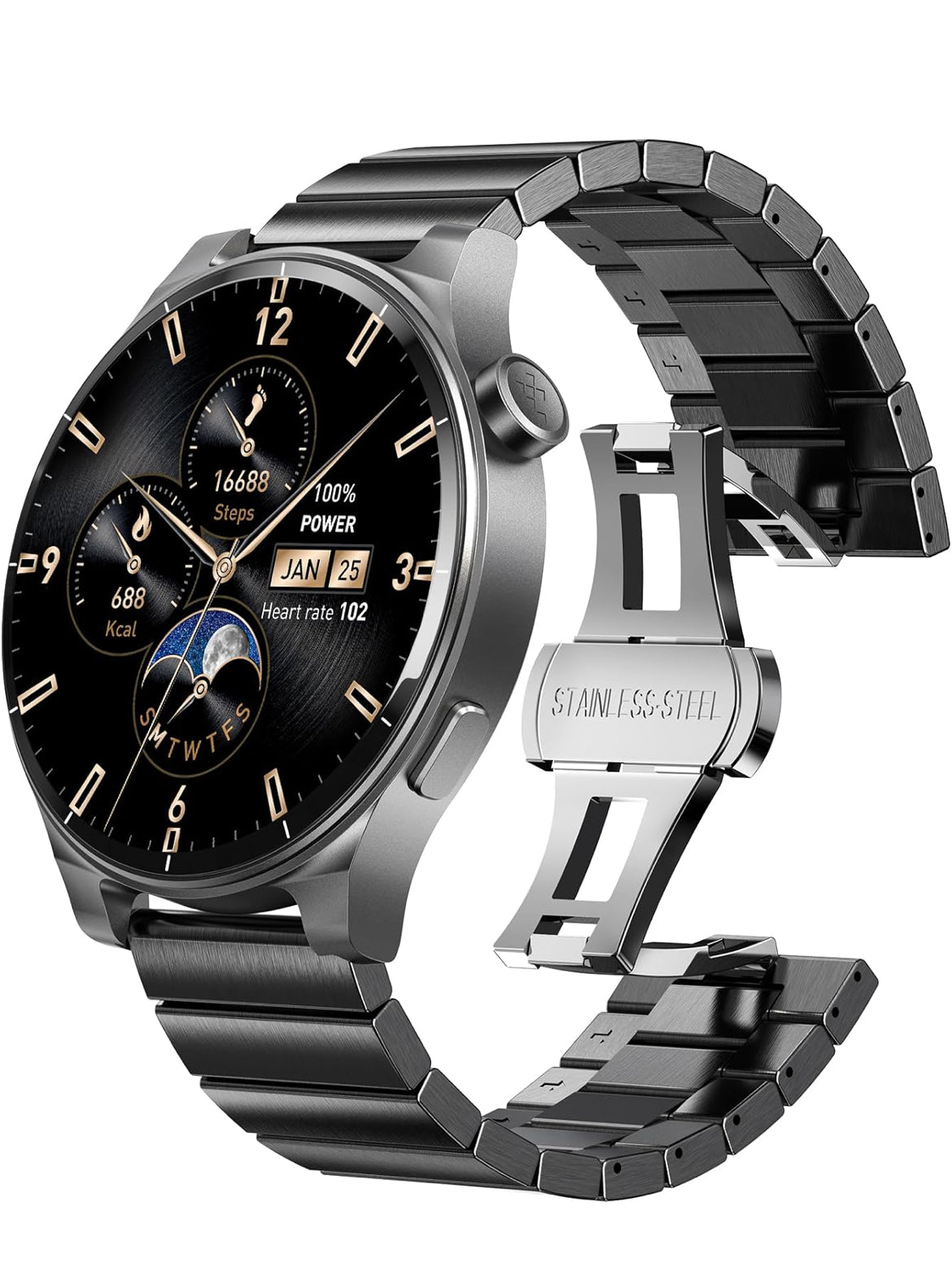 LED S5 Smart Watch 1.43" HD Sport Modes Fitness w/ Sleep Monitor, IP68 Waterproof, Stainless Steel Band
