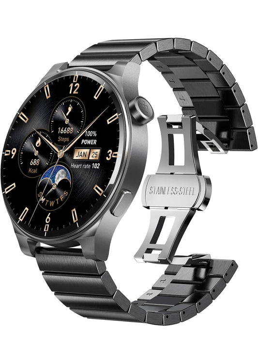 LED S5 Smart Watch 1.43" HD Sport Modes Fitness w/ Sleep Monitor, IP68 Waterproof, Stainless Steel Band