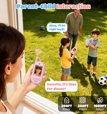 Walkie Talkies vir Kinders Herlaaibaar Langafstand 2-rigtingradio's vir Buitelugavontuur - (Pienk Blou Ontwerp)