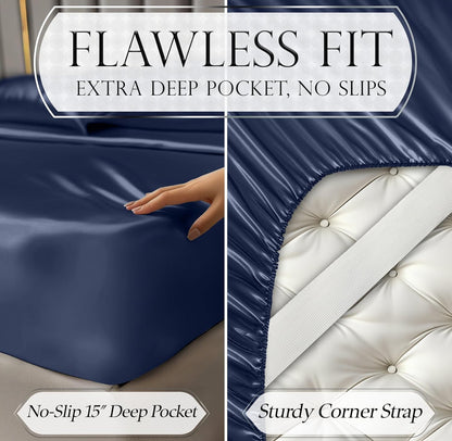 DECOLURE Satin Bed Sheets - 4 Piece Luxury Silky Queen Size Bedding Set - Softer Than Silk, Wrinkle-Free with 15” Deep Pocket Fitted Sheet, Perfect for Hair & Skin, Gifts for Women (Navy Blue)