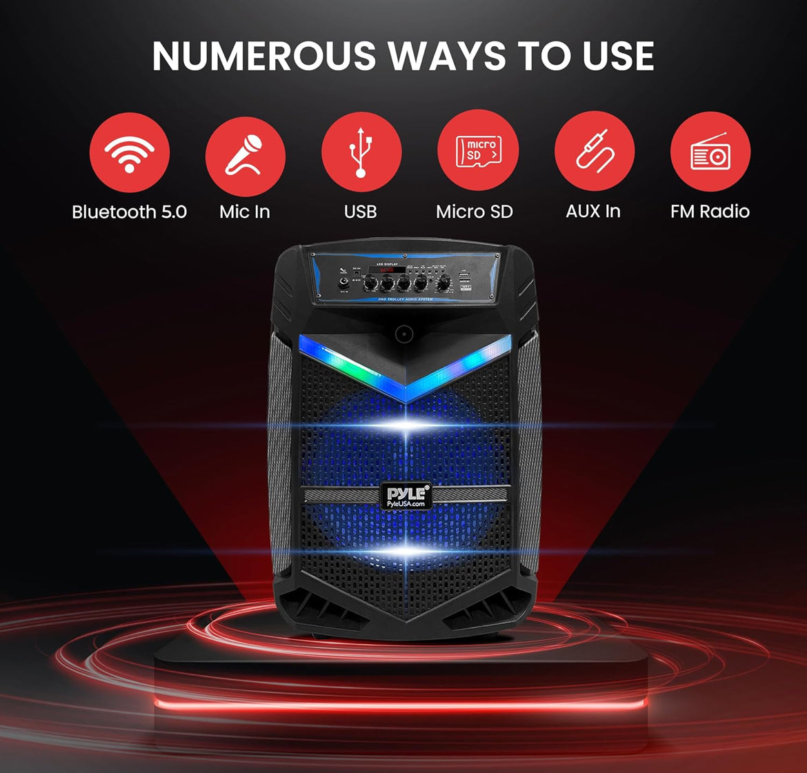 Rechargeable Portable Bluetooth 800W Outdoor Bluetooth Speaker PA System w/ 12” Subwoofer 1” Tweeter, Recording Function, Mic In Party Lights USB/SD Radio