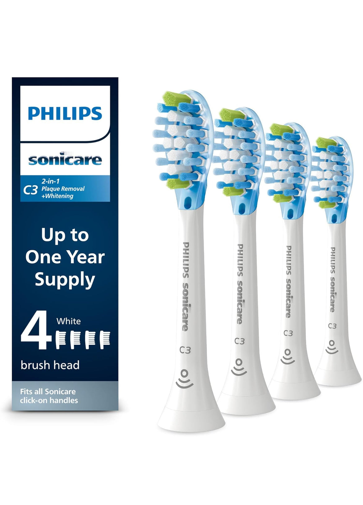 Philips Sonicare Oorspronklike C3 Premium Plaque Control Tandeborselkoppe, 4 Borselkoppe (Wit) HX9044/65