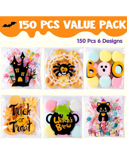 JOYIN 150 Stuks Halloween Sellofaan Behandelingsakkies, Selfklevende Deursigtige Koekie- en Lekkergoedhouers vir Kinders se Snuffel of Behandeling, Klein Geskenk-sluitsakkies in Grootmaat vir Halloween-partytjie-gunste in 6 Ontwerpe