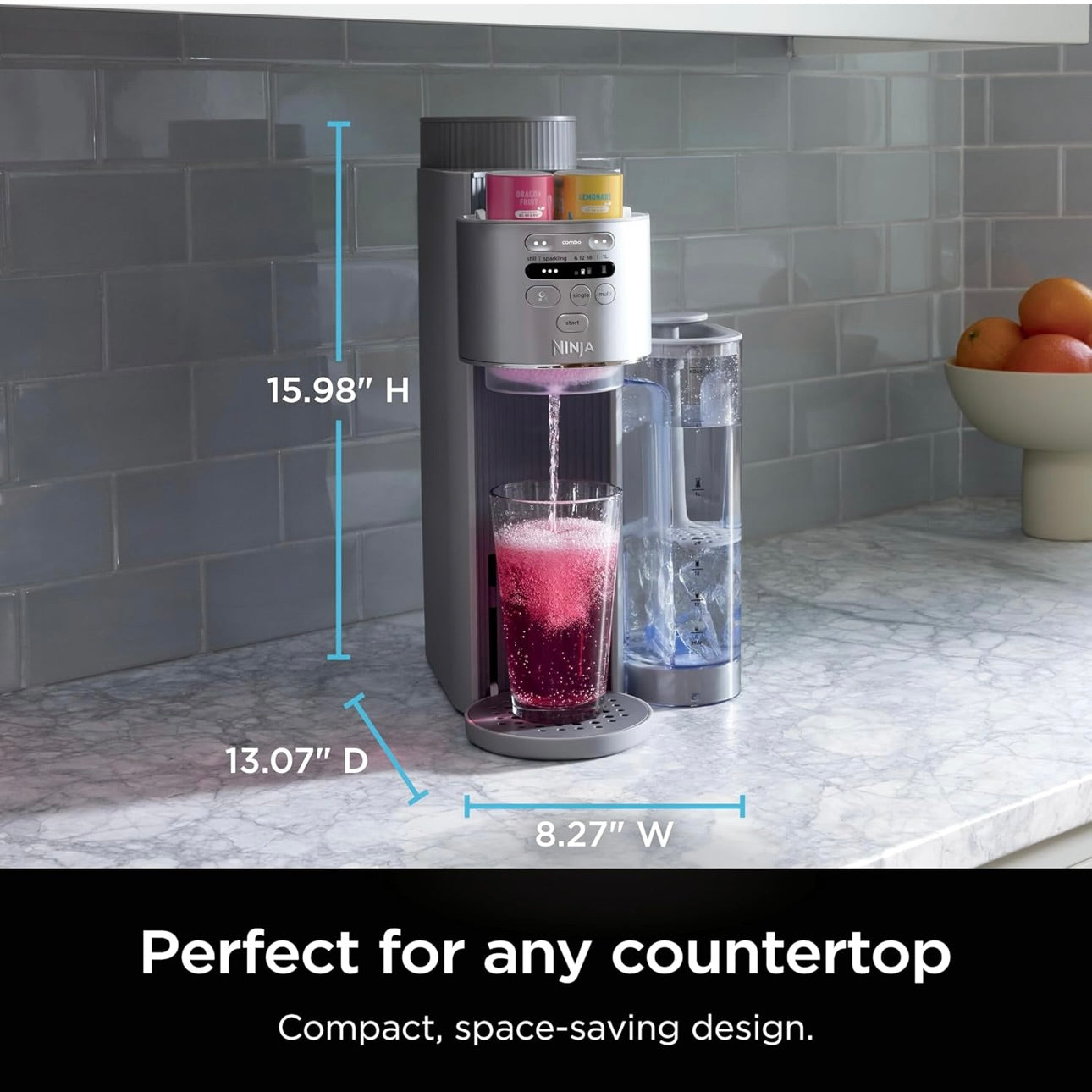 Ninja Thirsti Max Custom Hydration System, Soda Maker, Sparkling Water Maker, Custom Still & Sparkling Drinks, Compact Design, With 60L CO₂ Cylinder & Flavored Water Drops - Silver
